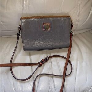 Dooney & Bourke Gray Crossbody with Brown Strap and Gold Trim